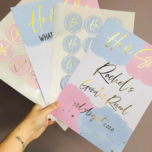 He or She Gender Reveal Stickers Poster Foil Shiny Set Luxury Party Pack Gold