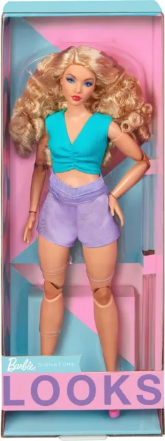 Barbie Look w Doll Curly Blonde Hair Dressed in Ruched Crop Top Satiny Lavender