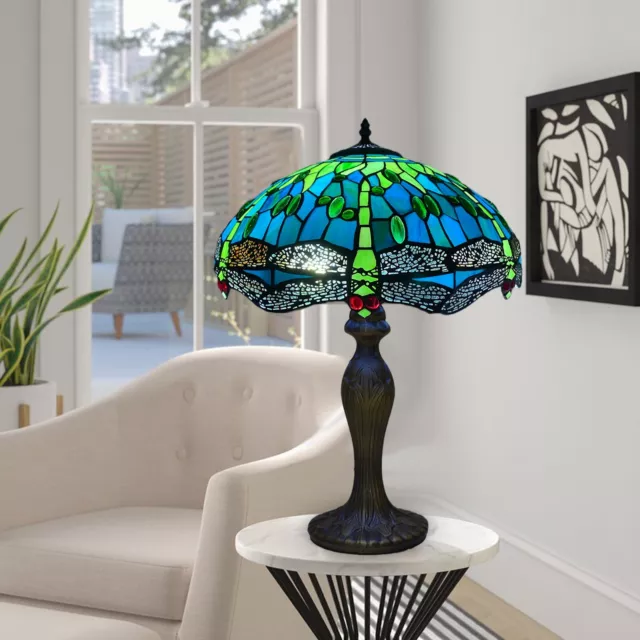 Tiffany Green Dragonfly Style Table Lamp 16 inch Stained Glass Shade Multicolor