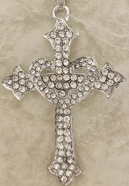 Betsey Johnson Silver Crystal Heart-Shaped Cross Pendant Necklace NWT