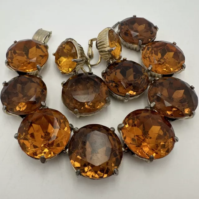 Vintage High End Headlight Topaz Rhinestone Bracelet & Earrings Set