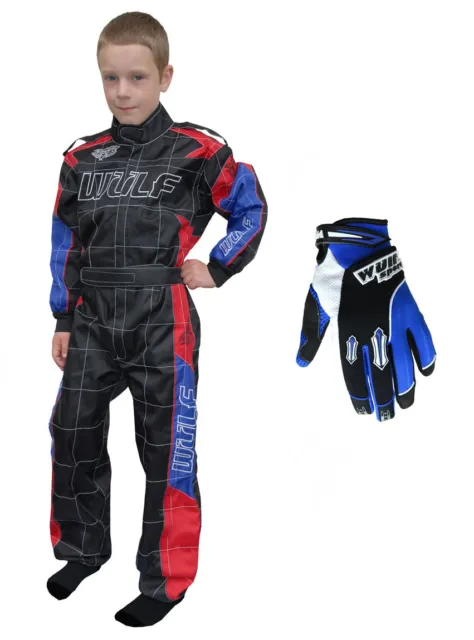 Kids Wulfsport Wulf MX Quad Motocross Overall And Gloves Blue Red Set #O1
