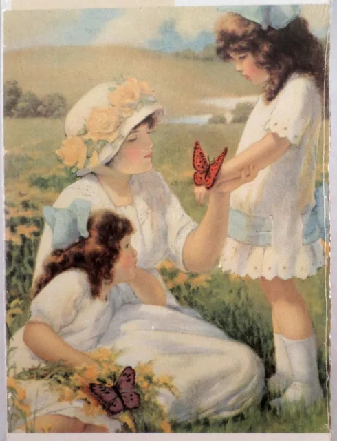 Victorian Lithograph Print Picture "Butterflies" Mother And Child Kids 9" X 7"