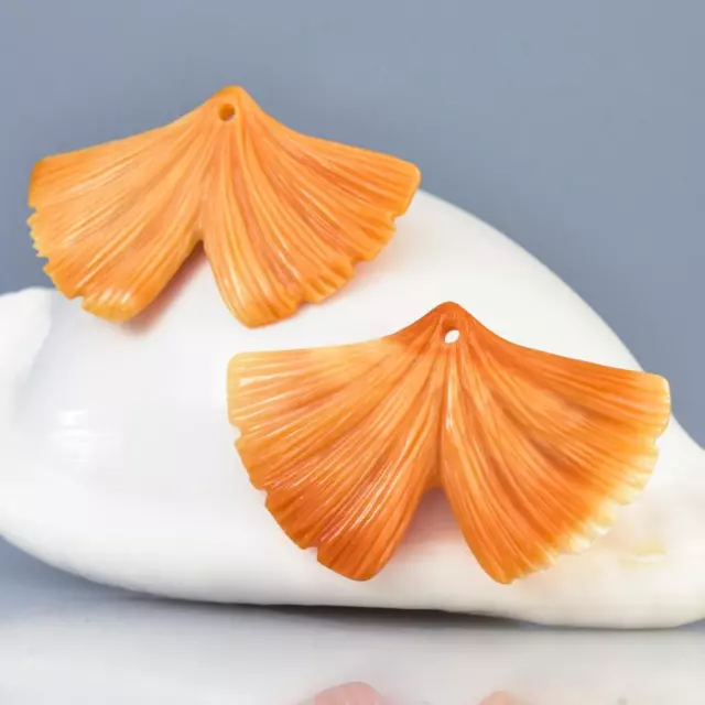 Apricot Trumpet Shell Carving Ginkgo Leaf Earring Pair Handmade 5.86 g
