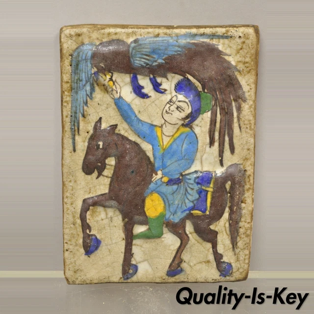 Antique Persian Iznik Qajar Style Ceramic Pottery Tile Brown Phoenix Bird C4