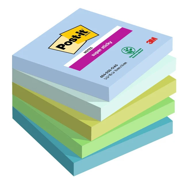 Blocco Post it® Super Sticky - 654-5SS-OAS - 76 x 76 mm - colori Oasis -  90 fog