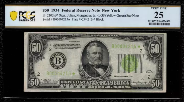 1934 $50 Federal Reserve Note - New York FR. 2102-B* - Star Note - LGS - PCGS 25