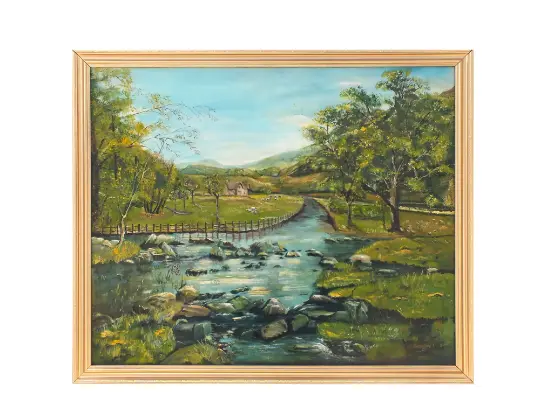 English Pastoral Landscape Sheep Farming Vintage Oil Painting Framed Signed