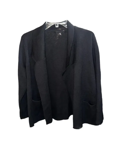 Eileen Fisher Womens Black Wool Knit Open Front Cardigan Duster Sweater L
