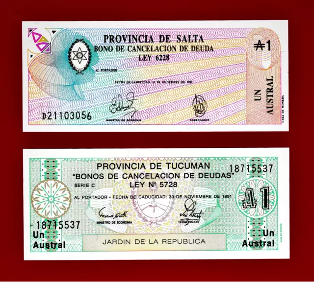 ARGENTINA 2 PROVISIONAL UNC NOTES 1 Austral Tucuman 1991  & 1 Austral Salta 1987