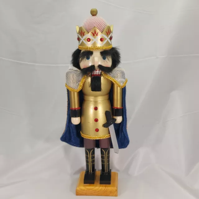 Nutcracker King Wooden Gold with Royal Blue Cape Sword Jewels 15 Inch