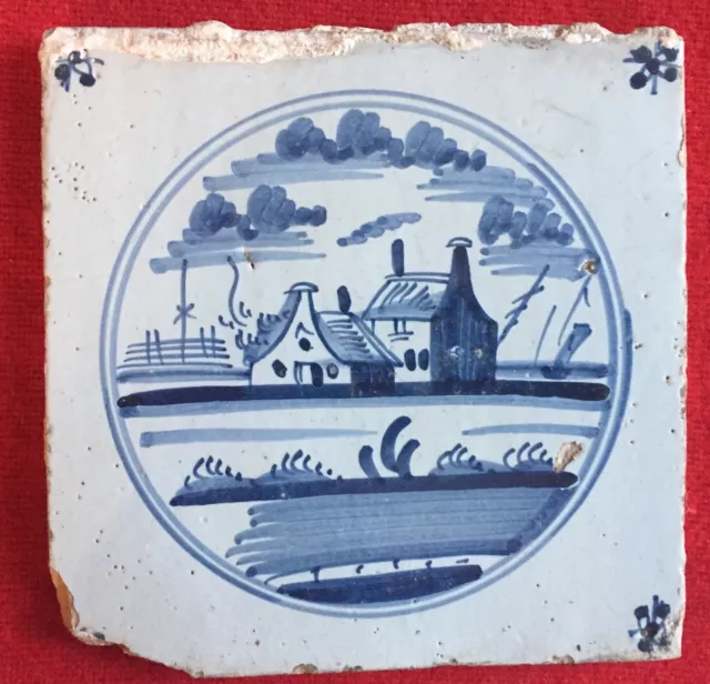 Antique 18th / 19th century Delft Tin Glazed Landscape Tile Blue & White Castle