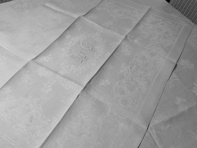 GRANDE NAPPE ANCIENNE damassé lin/soie 230x160 cm double monogramme JC EUR 35,00 - PicClick FR