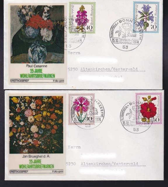 Bund 2 FDC`s 818-821 Wohlfahrt 25 Jahre Wohlfahrtsmarken Blumen ESST Bonn