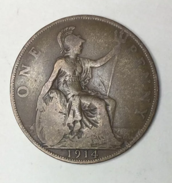 1914. English, UK, British King George V One Penny. Lovely  toning.