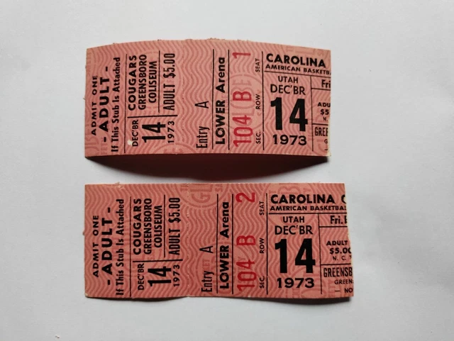 Carolina Cougars Ticket Stubs / Lot of Two (2) / December 14, 1973
