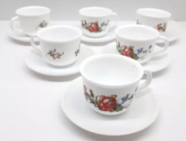 Set of 6  - Arcopal France Milk Glass Cup Saucer Duos Pink Roses Blue Flower