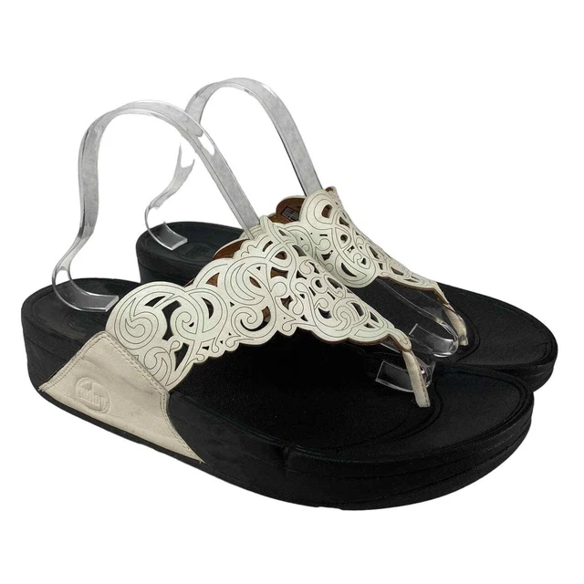Fitflop Flora Womens SZ 9 White Leather Lattice Cutout Sandal Flip Flops 372-194