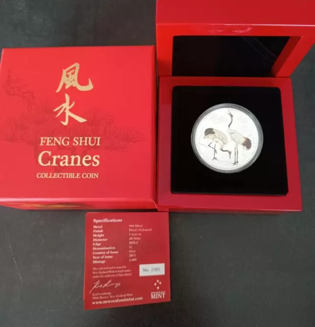 Niue 2013 2 Dollars FENG SHUI CRANES Proof Coloured 1Oz Silber