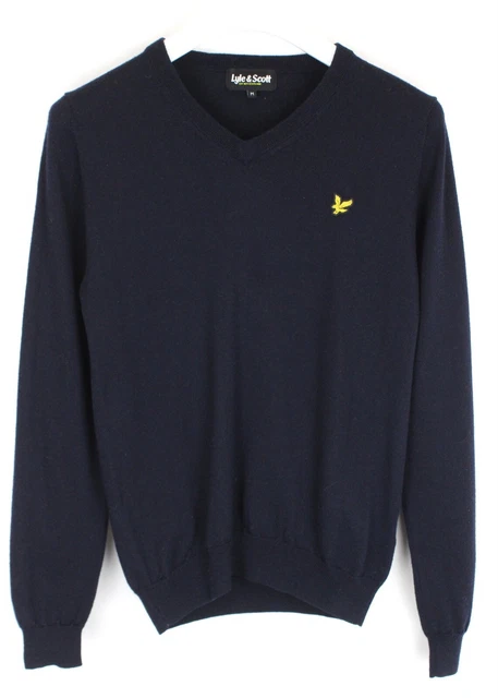 Lyle & Scott Maglione Uomo ~ Piccolo Pullover Lana Merino Maglia V-Neck Blu