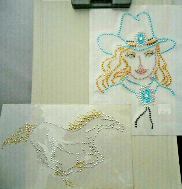 Lot of 2 Large Colored Cowgirl & Horse Rhinestone Iron-On Hot-Fix Transfers #52
