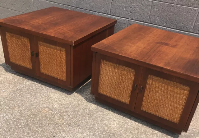 Pair Lane Mid Century Modern End Tables Side Nightstands Walnut Cane Front