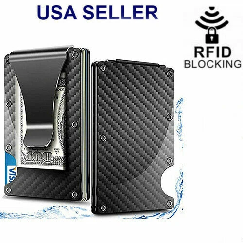 Mens RFID Blocking Money Clip S8 Slim Carbon Fiber Credit Card Hold Metal Wallet