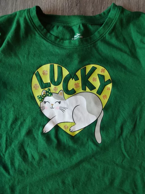 Girl's Youth Way to Celebrate Size XL St Patrick's Day Shirt Lucky Cat Heart