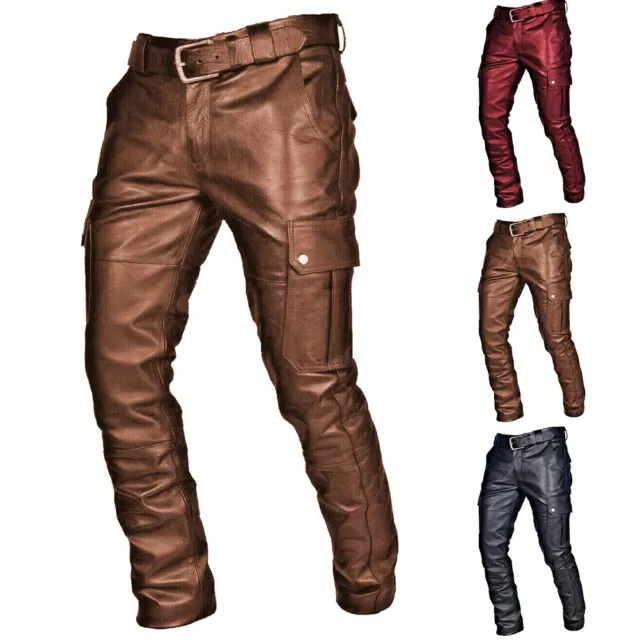 Pantalon en cuir taille plus couleur unie coupe mince pour hommes pantalon moto