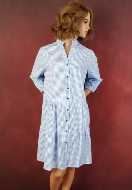 3/4 Sleeve Knee-Length V-Neck Button-Up Shift Blue White Gingham Check Dress XL