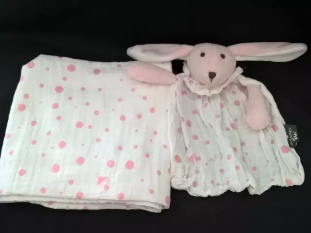 Doudou Plat Atmosphera Lapin Lange Blanc Pois Rose +Couverture Drap