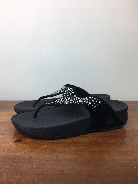 FitFlop Sandals Women’s Size 8 Wedge Flip Flop Embellished Suede Black 507-001
