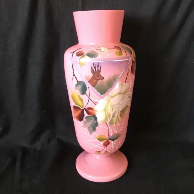 Antique Pink Opaline Glass Hand Deer Head Painted Floral Bristol Vase - 32cm