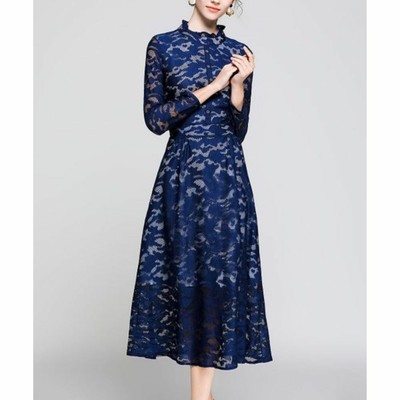 Vicky And Lucas Navy Lace Ruffle Collar Button Up Midi Dress