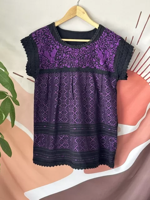 Women’s Vintage Mexican Embroidered Blouse Black Purple Top Size S M