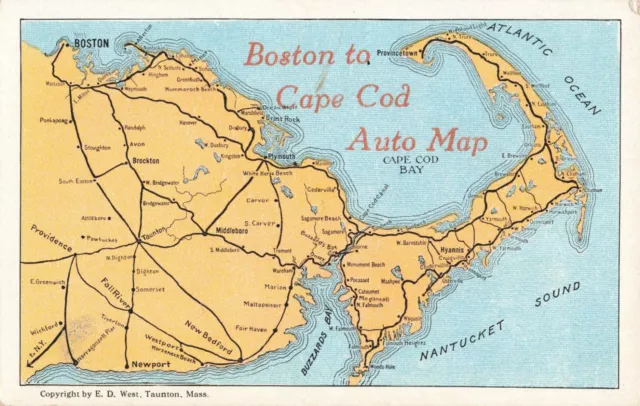 Postcard Boston to Cape Cod Auto Map