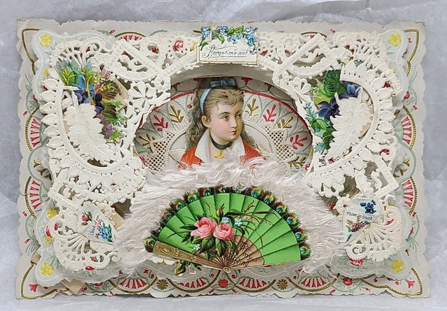 Victorian Embossed Die cut Lace Layer Valentine Card Girl with Fringed Green Fan