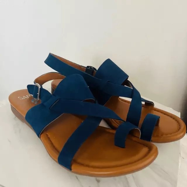 Franco Sarto Gia Strappy Leather Sandal, Flat Adjustable, Navy Blue, Size 8 NWOT