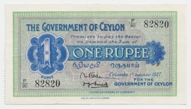Ceylon Sri Lanka 1 Rupee 1927 P16b King George V Era Solid Thick XF+ TDLR Bill