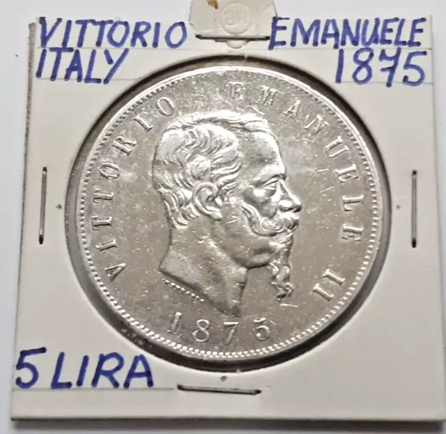 ARGENTO 0.900 REGNO D'Italia 5 lire, 1875 FIOR DI CONIO  Re Vittorio Emanuele II