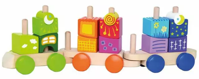 Hape Holzzug mit Bausteinen bunt Lokomotive Waggons Holz Zug Bausteine Baby neu