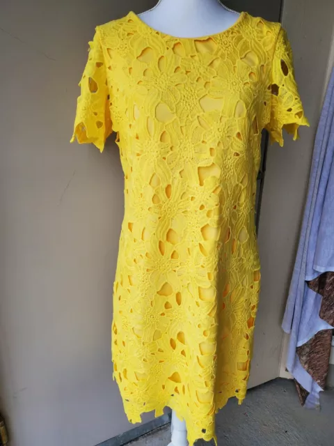 CALVIN KLEIN Sheath Dress Womens 8 Yellow Lace Crochet Floral Fully Lined