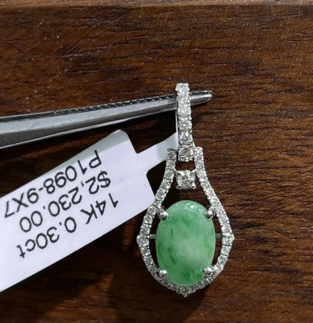 14k Solid White Gold Natural Diamond 0.30 Ct Pendant, Natural Jade. Was $2230