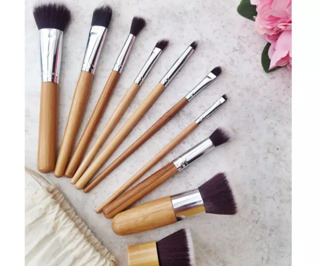 Set De 10 Brochas De Maquillaje Bambú Ecológicas Cruelty-Free Con Bolsa