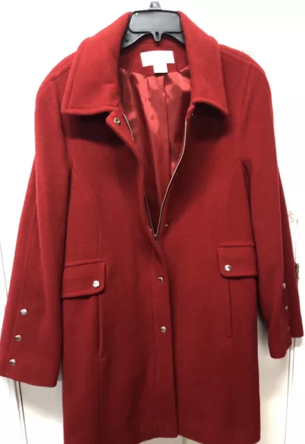 Michael Kors Women’s 100% Wool Red Coat Sz  14 Zip & Button Front 4 Pockets