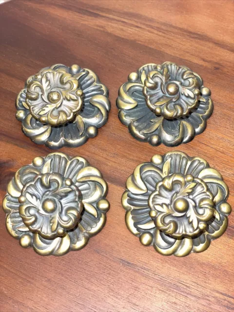 Set Vtg RDCA 1960 Ornate Brass Bronze FLORAL FLOWER Drawer Knob Pull  Backplate