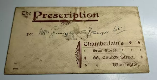 Antique Prescription Envelope Chamberlains Chemist Warrington To Mrs Grundy v3