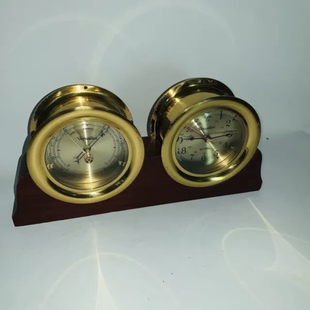Versailles Brass Quartz Maritime Style Clock & Barometer On Wood Stand Heavy