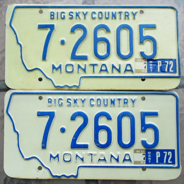 MONTANA License Plate 1972 PAIR Flathead County (7-Kalispell) #2605