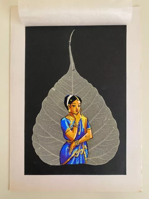 Kunst Indien Tänzerin hand painted in oil color on real skeleton pipal tree leaf